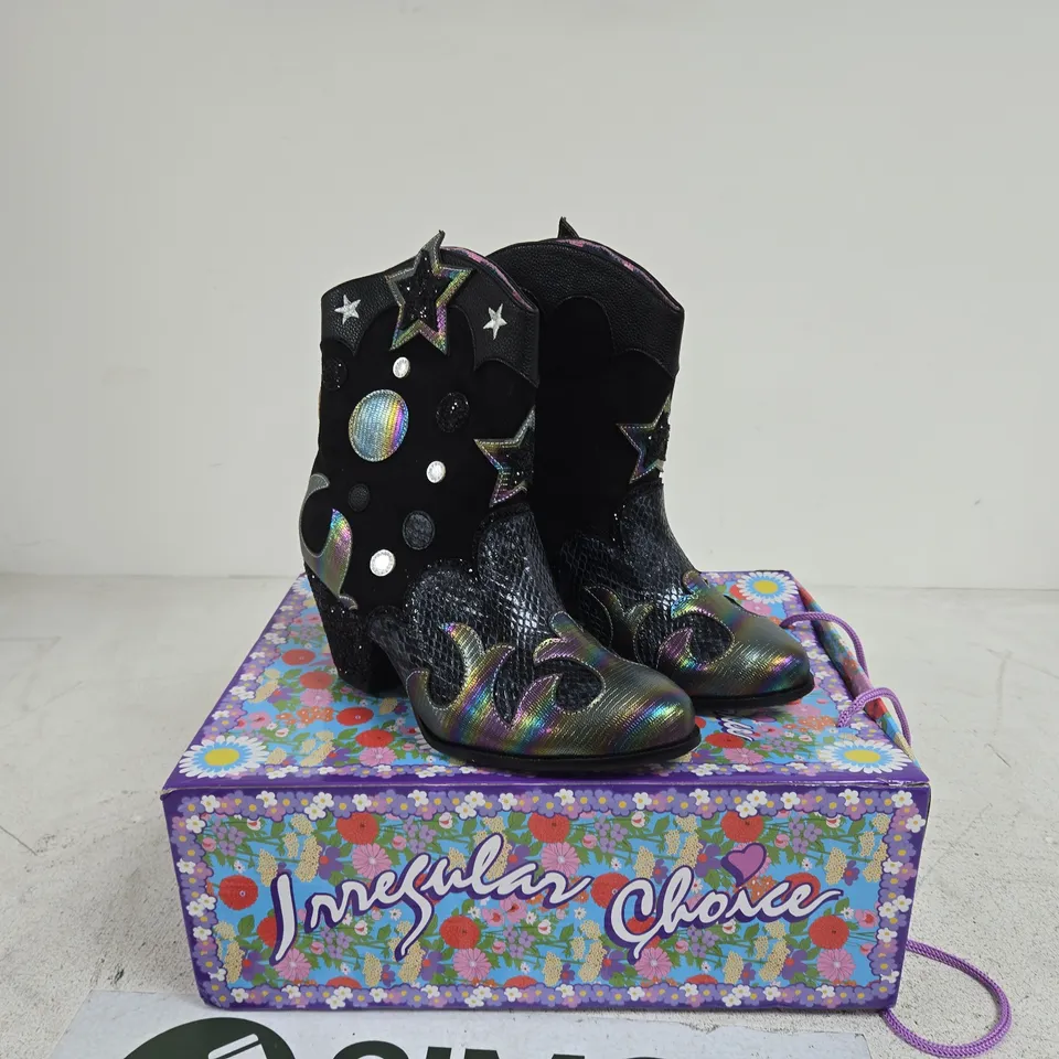 IRREGULAR CHOICE BLACK STAR-EMBELLISHED ANKLE BOOTS BOXED SIZE 40