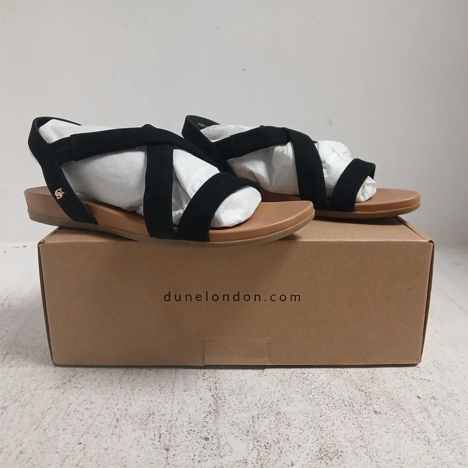 BOXED PAIR OF DUNE LONDON OPEN TOE CROSS STRAP SANDALS IN BLACK SIZE 5