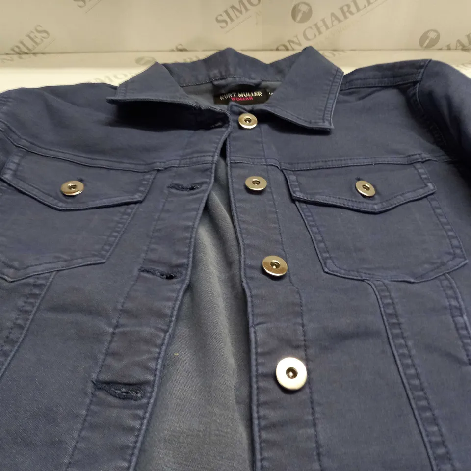 KURT MULLER WOMAN CROP FAUX DENIM JACKET IN BLUE INDIGO - UK 14