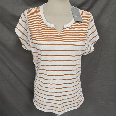 PETER STORM WOMENS SHORT SLEEVE NOTCH TEE IN WHITE/BROWN STRIPE SIZE 14
