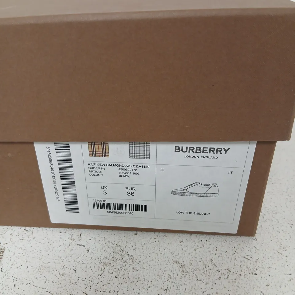 BURBERRY LOW TOP SNEAKER - UK 3 (EU 36), BLACK LEATHER WITH BEIGE BURBERRY CHECK