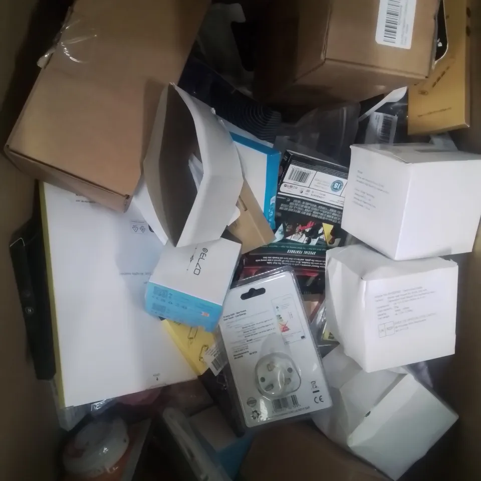 BOX CONTAINING LARGE AMOUNT OF BOXED ELECTRICAL ITEMS TO INCLUDE: WIRELESS HEADPHONES, PC KEYBOARD, WIRELESS EARPHONES, PHONE CASES, CHARGING CABLES ETC.