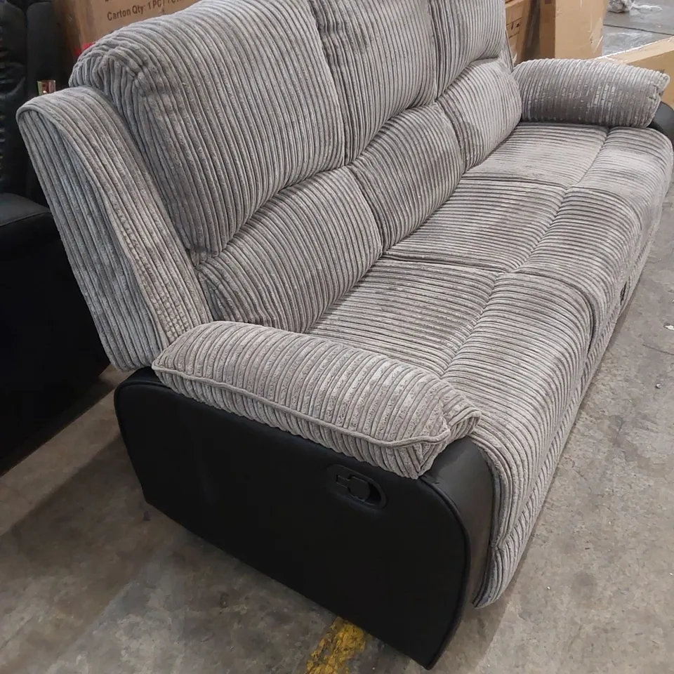 DESIGNER 3-SEATER FABRIC & FAUX LEATHER MANUAL RECLINER SOFA - GREY/BLACK