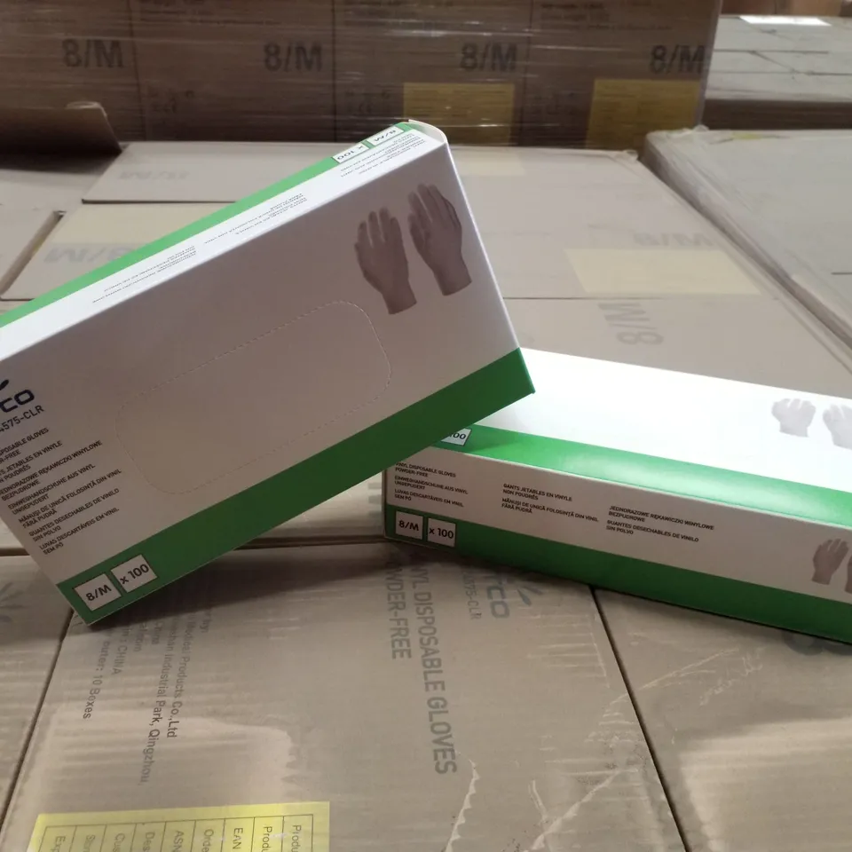 PALLET OF APPROXIMATELY 56 INTCO VINYL DISPOSABLE GLOVES 100PK BOXES - MEDIUM