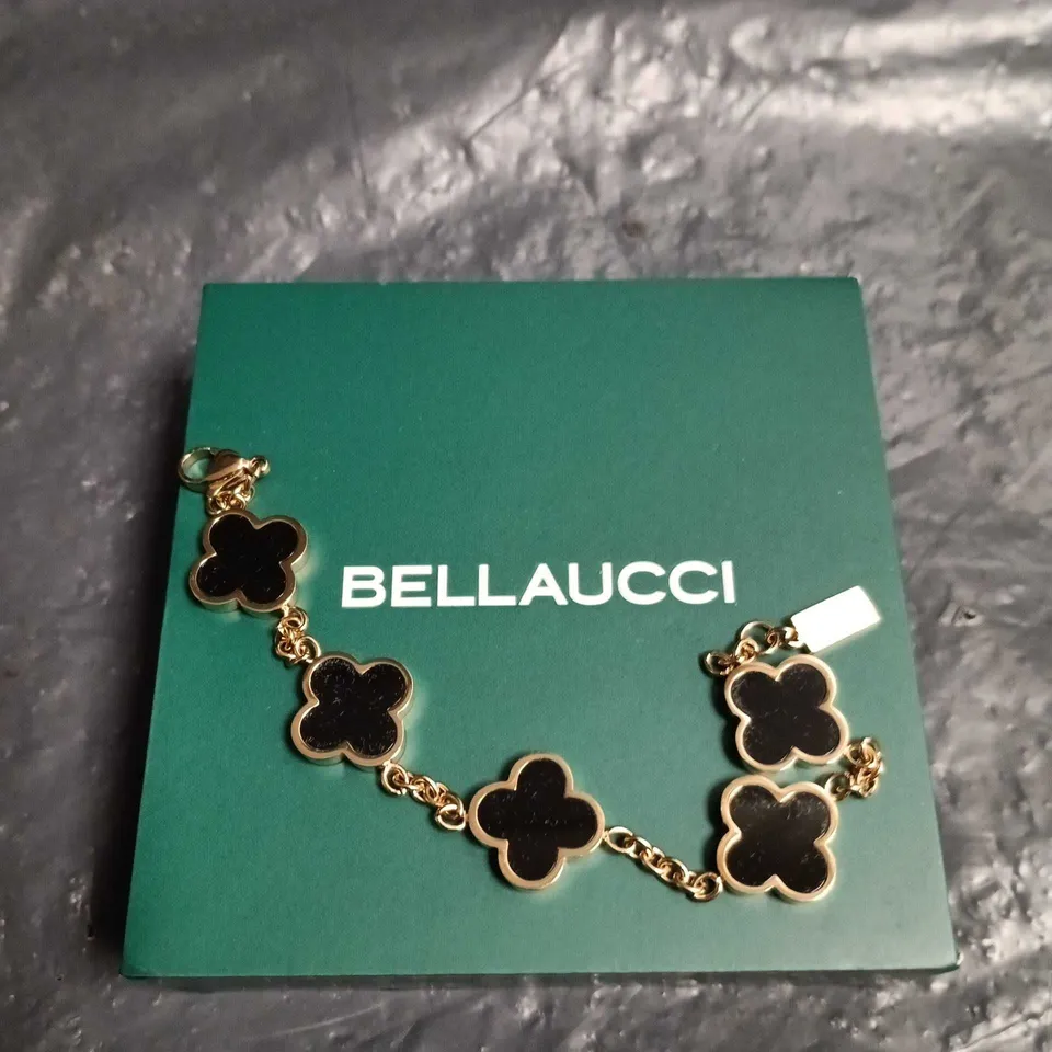 BELLAUCCI CLOVER BRACELET – GOLD-TONE WITH BLACK ENAMEL FOUR-LEAF CHARMS