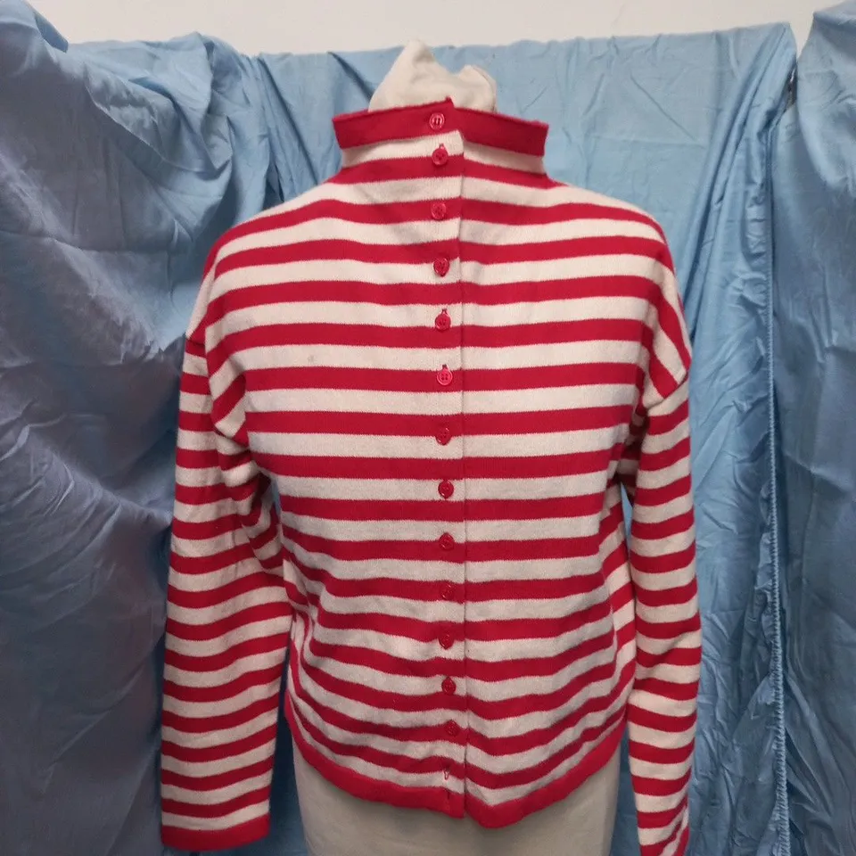 ZARA STRIPED KNIT CARDIGAN, RED & WHITE, BACK BUTTON DETAIL, EU S