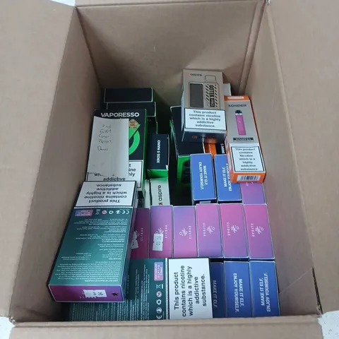BOX OF APPROXIMATELY 35 ASSORTED E-CIGARETTES AND COMPONENTS TO INCLUDE:  ASSORTED ELFBAR VAPE KITS