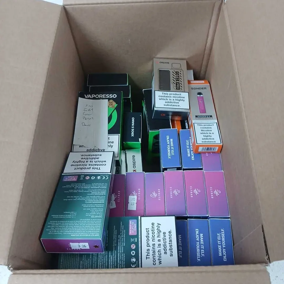 BOX OF APPROXIMATELY 35 ASSORTED E-CIGARETTES AND COMPONENTS TO INCLUDE:  ASSORTED ELFBAR VAPE KITS
