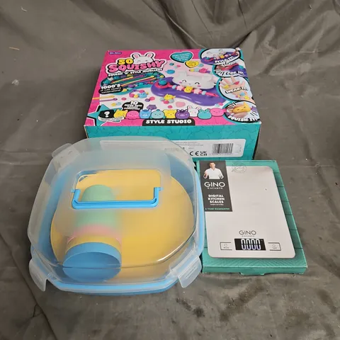 BOX OF APPROX 15 ASSORTED HOUSEHOLD ITEMS TO INCLUDE - SO SQUISHY STYLE STUDIO, DIGITAL SCALE, PICNIC SET - ETC - COLLECTION ONLY