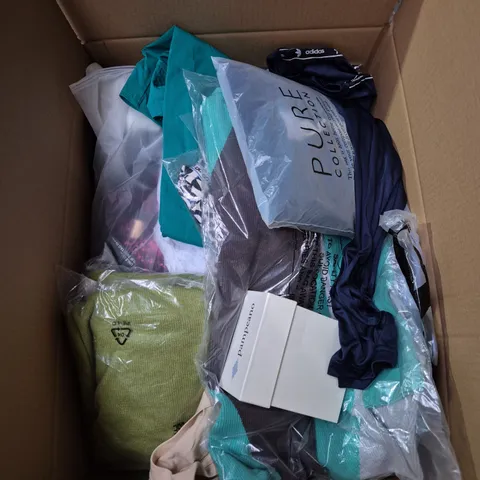 LARGE BOX OF ASSORTED CLOTHING ITEMS IN ASSORTED COLOUR, SIZES AND STYLES