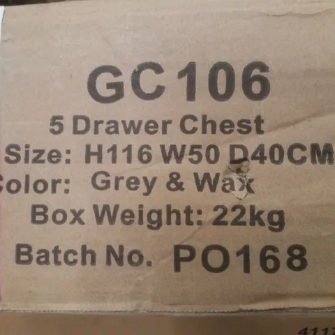 BOXED 5 DRAWER CHEST - GREY & WAXED - H116×W50×D40CM 