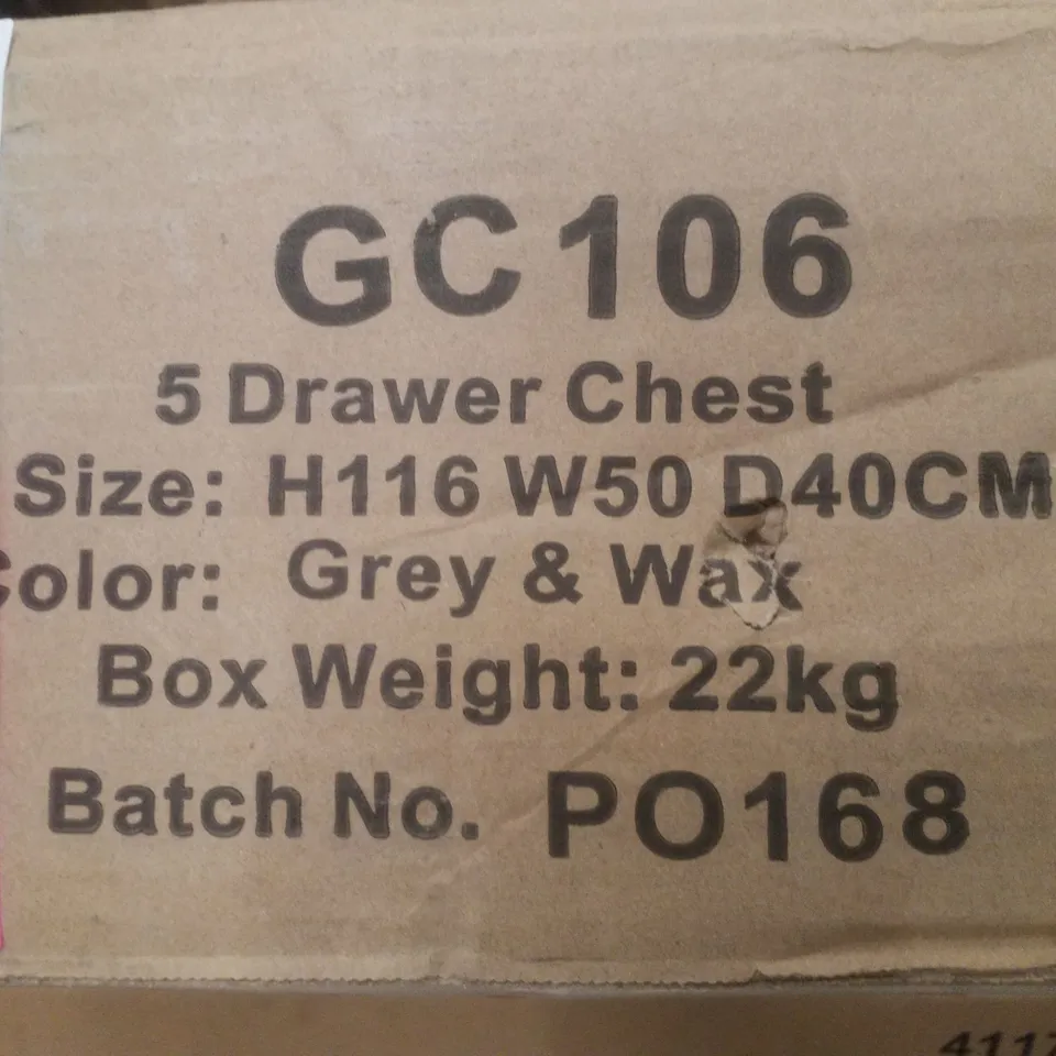 BOXED 5 DRAWER CHEST - GREY & WAXED - H116×W50×D40CM