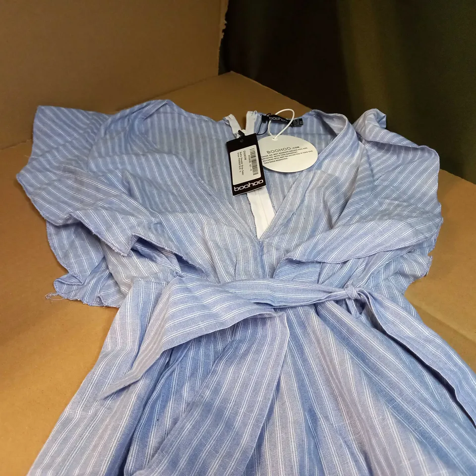 BOOHOO POWDER BLUE RUFFLE SHOULDER STRIPE SKATER DRESS - SIZE 14