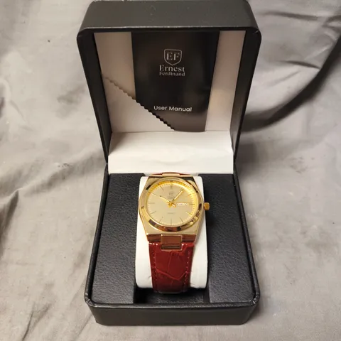 MENS FRANK SCHMIDT WATCH – TEXTURED DIAL WITH DATE – LEATHER STRAP- MODEL: FSL AMBASSADOR – 3ATM WATER RESISTANT - GOLD COLOUR