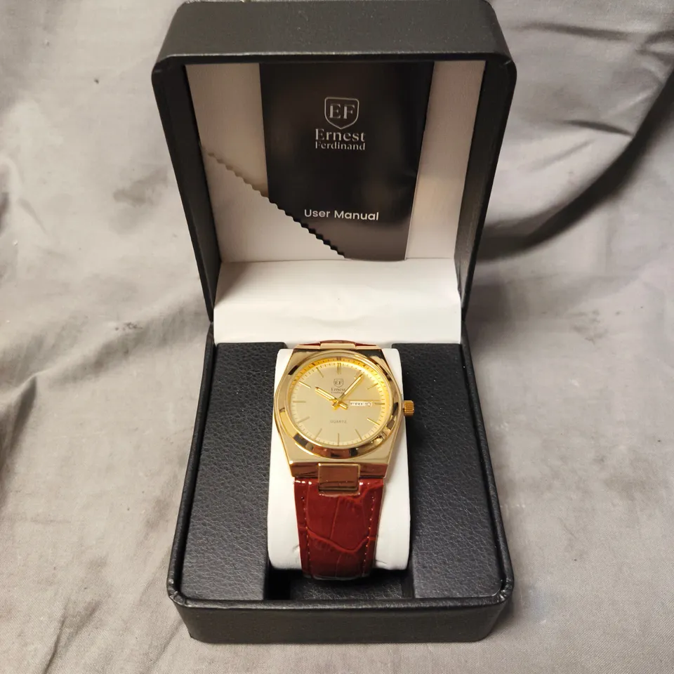 MENS FRANK SCHMIDT WATCH – TEXTURED DIAL WITH DATE – LEATHER STRAP- MODEL: FSL AMBASSADOR – 3ATM WATER RESISTANT - GOLD COLOUR