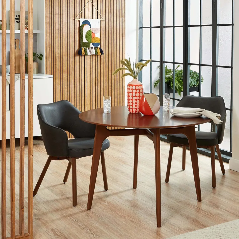 BOXED ELEMENTS ALVA 4 SEATER ROUND DINING TABLE, WALNUT STAINED (1 BOX)