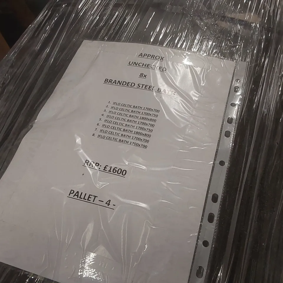 PALLET CONTAINING APPROXIMATELY 8x BRANDED STEEL BATHS