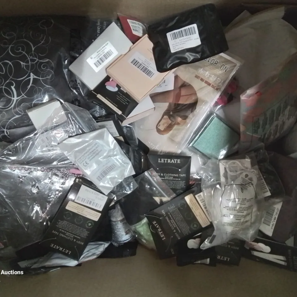 BOX CONTAINING LARGE AMOUNT OF MIXED FASHION ITEMS, SILVER PLATE AND COSTUME JEWELLERY, CLOTHING ITEMS ETC.