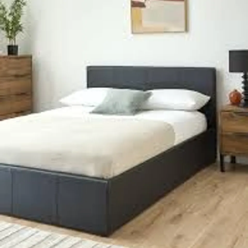 BOXED MARSTON SMALL DOUBLE FAUX LEATHER SIDE LIFT UP STORAGE OTTOMAN BED - BLACK (2 BOXES)