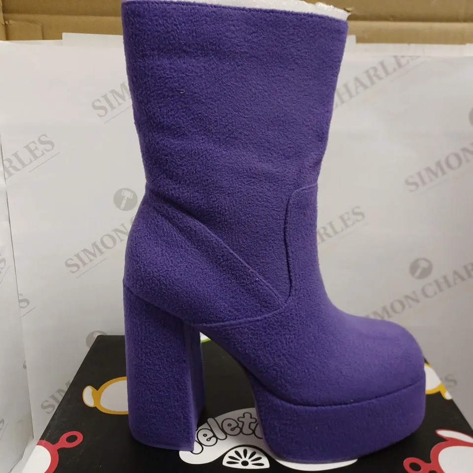 KOI VEGAN TELETUBBIES TINKY WINKY FLUFFY PLATFORM BOOTS - PURPLE SIZE 7