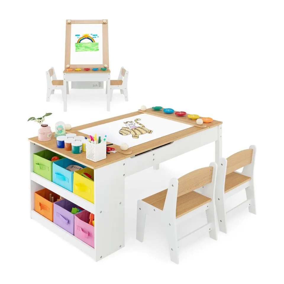 BOXED COSTWAY 3 IN 1 ACTIVITY TABLE & EASEL WITH LIFTABLE TABLETOP & 6 FABRIC CONTAINERS