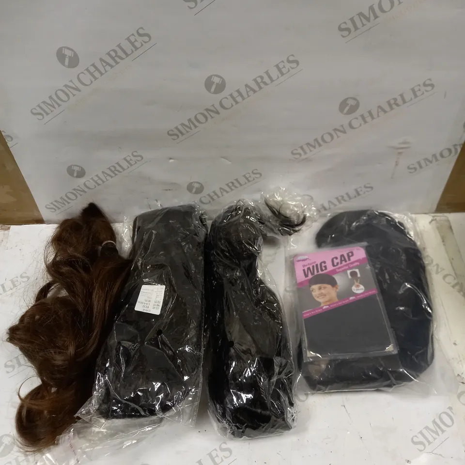 BOX OF APPROXIMATELY 10 HAIR STYLING PRODUCTS TO INCLUDE WIGS & CAPS 
