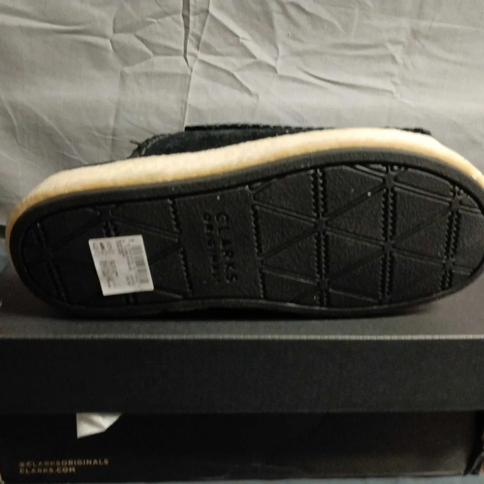 BOXED PAIR OF CLARKS BLACK SUEDE SLIDE SANDAL  - UK SIZE 6