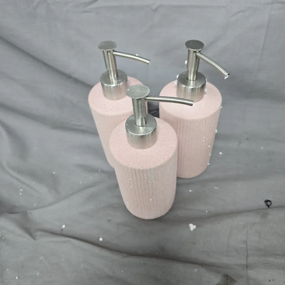 SET OF 3 DUSK PINK TEXTURED BATHROOM SOAP DISPENSERS WITH CHROME PUMPS