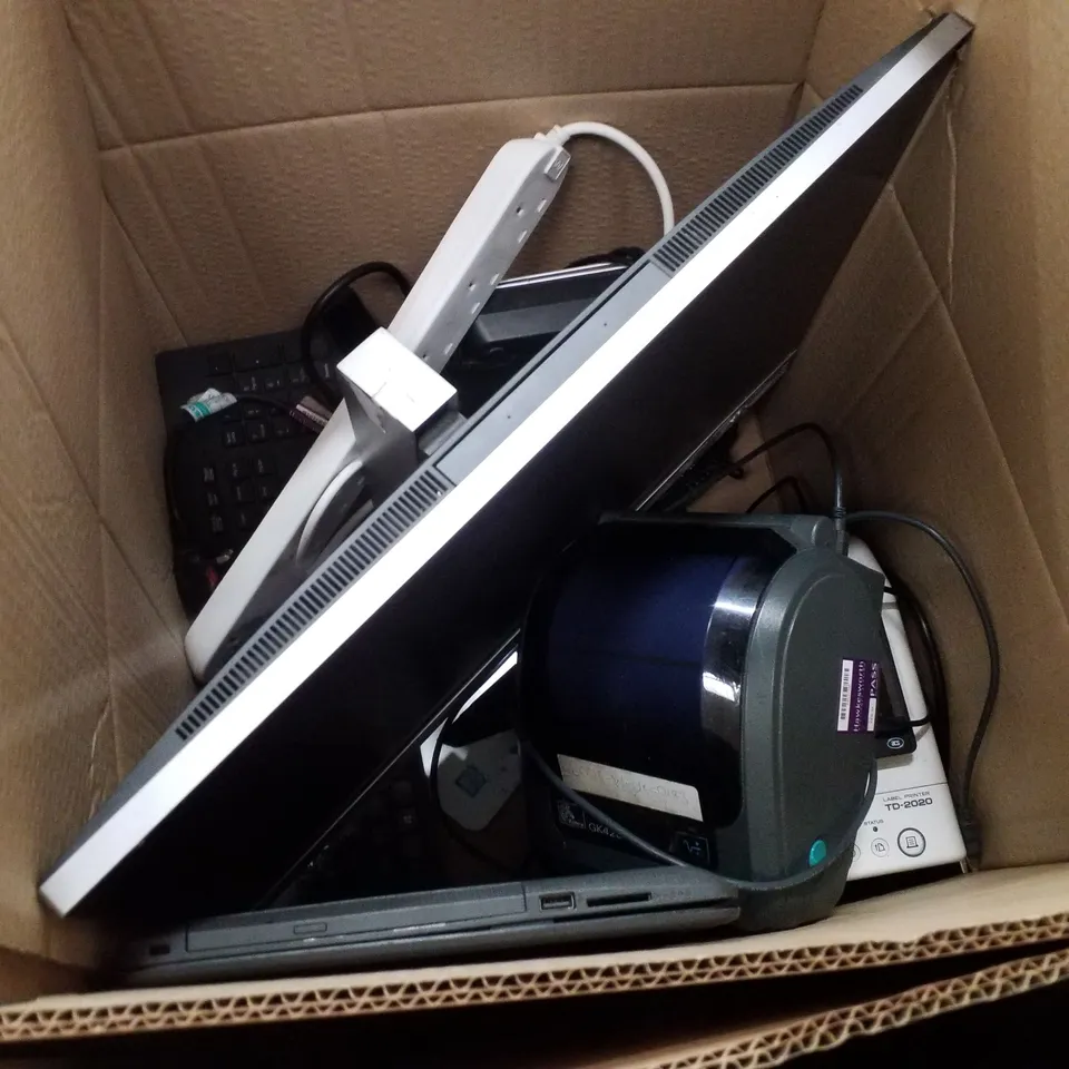 PALLET CONTAINING ASSORTED TECH INCLUDING MONITORS, LABEL PRINTERS, KEYBOARDS AND BARCODE SCANNERS