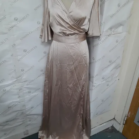 SIX STORIES ANGEL SLEEVE WRAP SATIN BRIDESMAID DRESS IN OYSTER SIZE 12