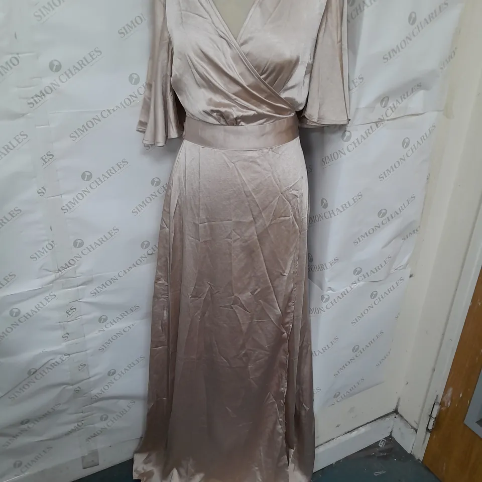 SIX STORIES ANGEL SLEEVE WRAP SATIN BRIDESMAID DRESS IN OYSTER SIZE 12