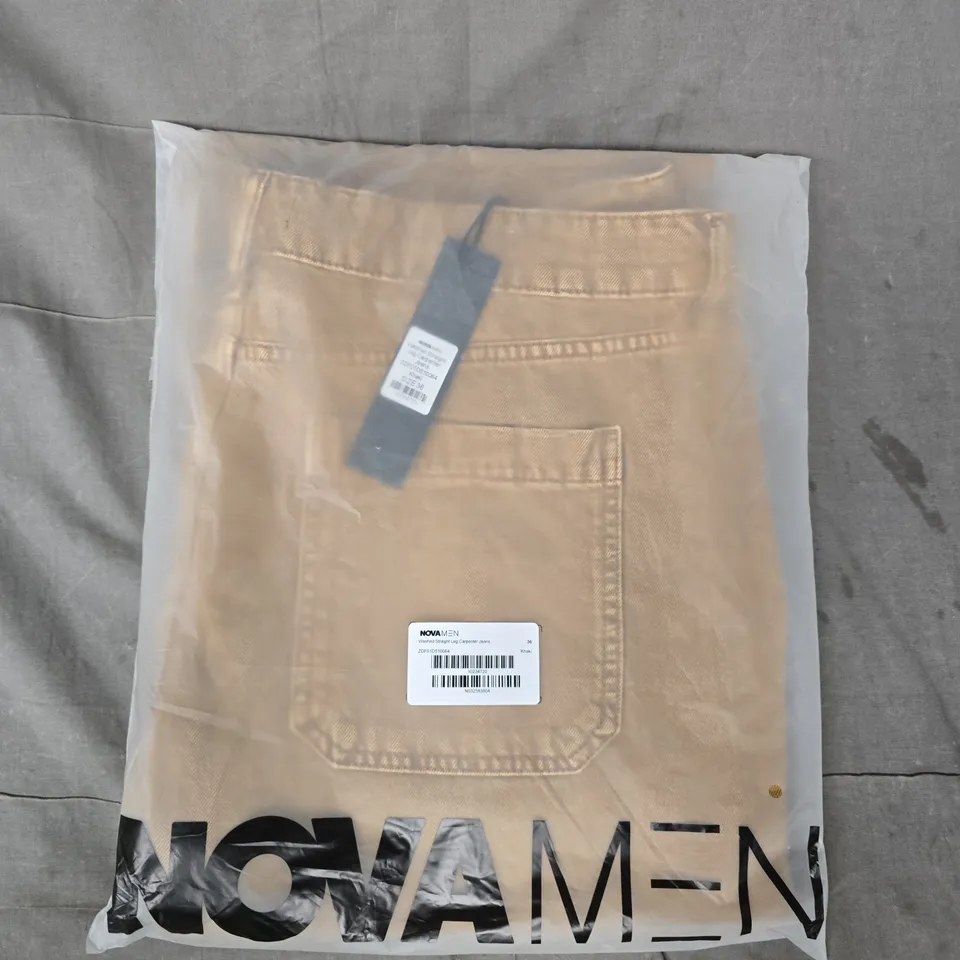 NOVA MEN WASHED STRAIGHT LEG CARPENTER JEANS IN KHAKI SIZE 36