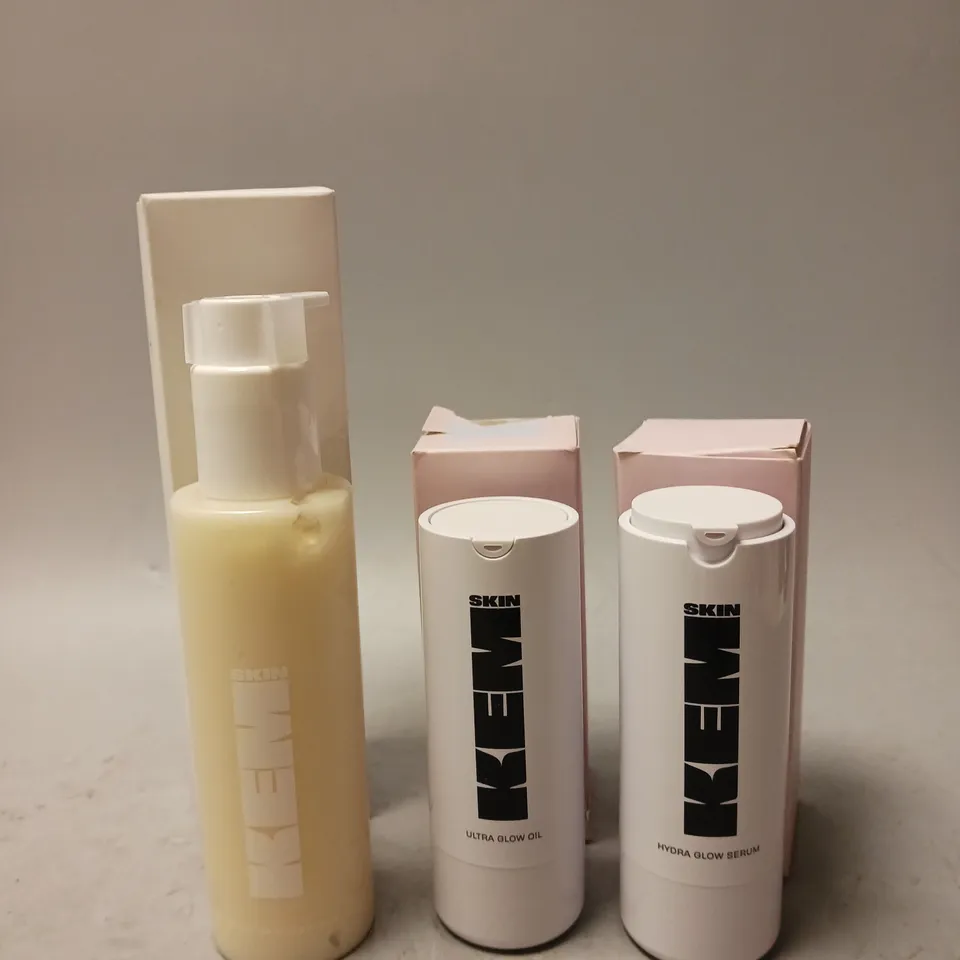 KEM SKINCARE LOT OF 3 PRODUCTS TO INCLUDE - HYDRA GLOW SERUM - ULTRA GLOW OIL - SUPER SKIN CLEANSER
