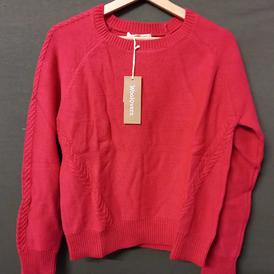 WOOLOVERS CABLE TEXTURED COTTON CREW NECK JUMPER IN POPPY RED - MEDIUM