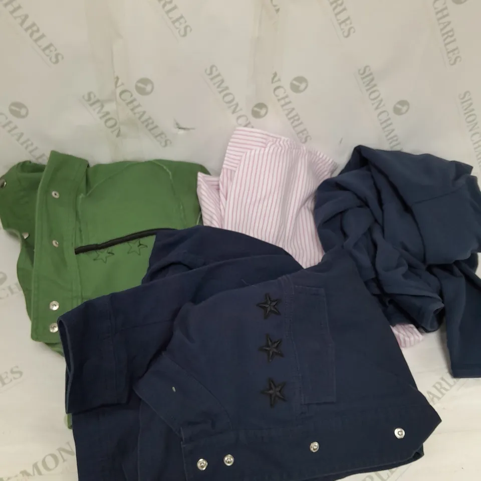 LARGE BOX OF ASSORTED CLOTHING ITEMS TOO INCLUDE TOPS , TROUSERS AND JUMPERS COMING IN DIFFERENT COLOURS AND SIZES 