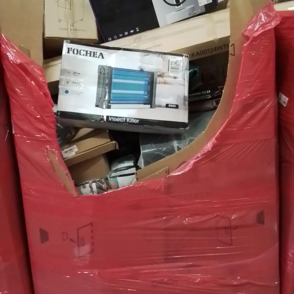 PALLET CONTAINING VARIOUS ASSORTED BOXED HOUSEHOLD ITEMS TO INCLUDE: BUG ZAPPER, AIR COOLER, WINDOW F8LM, POP UP TENT, VACUUM AND LOTS MORE UNMARKED BOXED ITEMS 