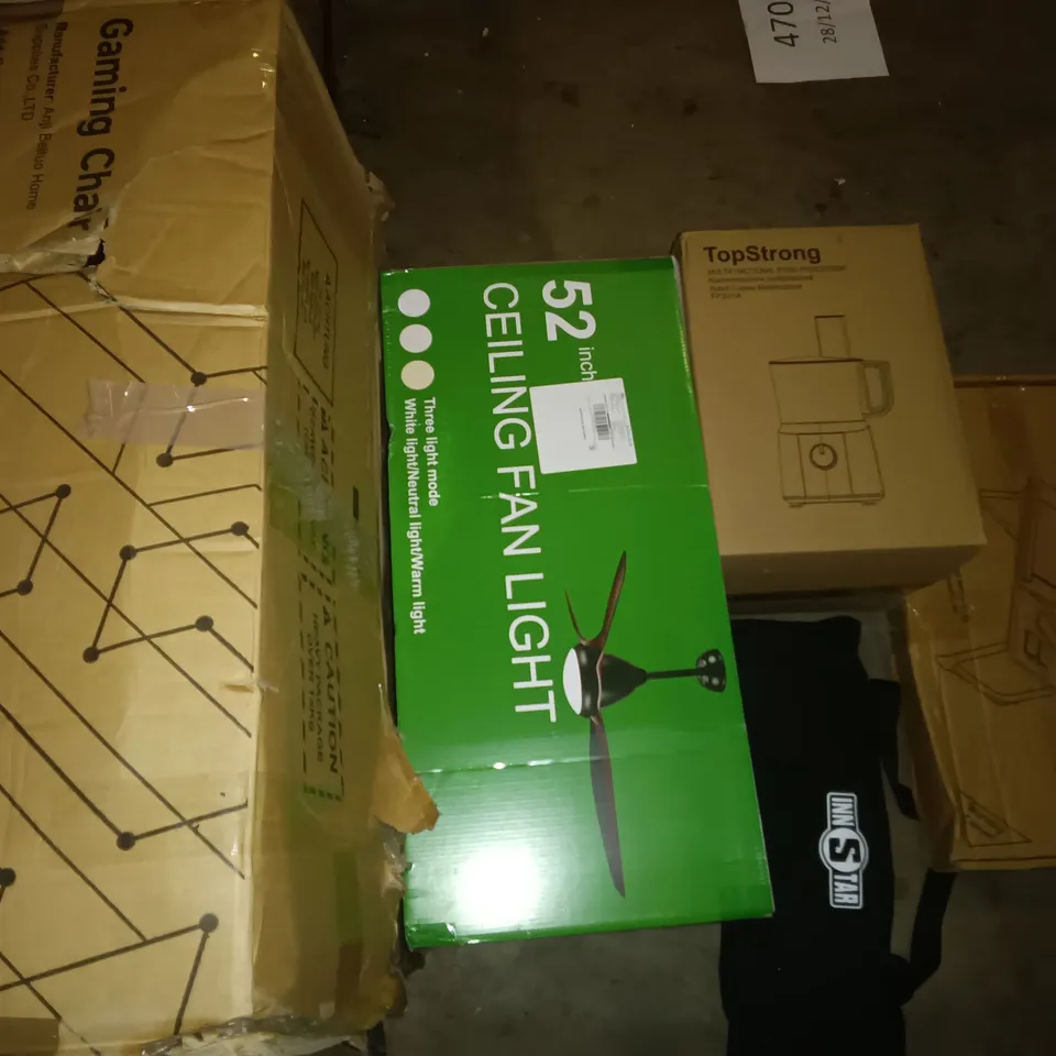 PALLET OF ASSORTED ITEMS TO INCLUDE ERGONOMIC CHAIR, 52" CEILING LIGHT AND MULTIFUNCTION FOOD PROCESSOR 
