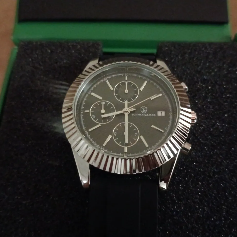 SCHWARTZBAUER CHRONOGRAPH WRISTWATCH – BLACK DIAL, STAINLESS STEEL CASE, RUBBER STRAP