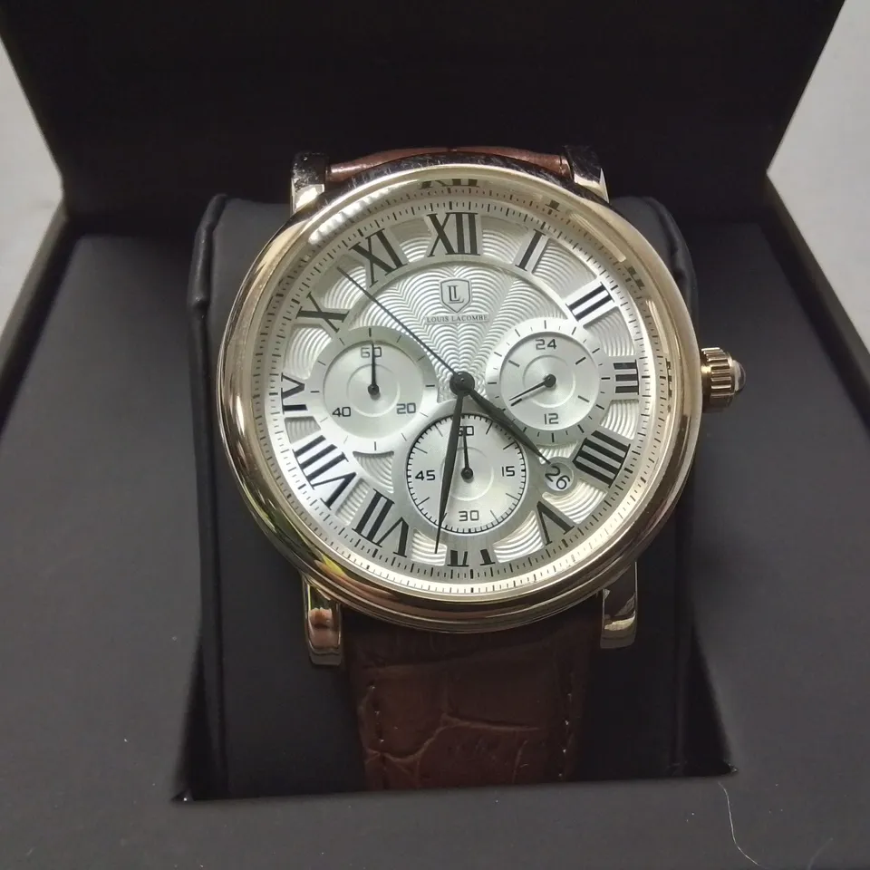 LOUIS LACOMBE STAINLESS STEEL GENTS WATCH WITH TEXTURED DIAL AND BROWN LEATHER STRAP IN GIFT BOX