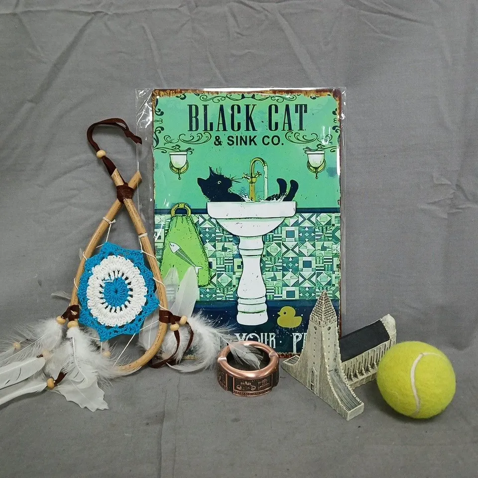 APPROXIMATELY 10 ASSORTED HOUSEHOLD ITEMS TO INCLUDE METAL CAT POSTER, TENNIS BALL, ETC