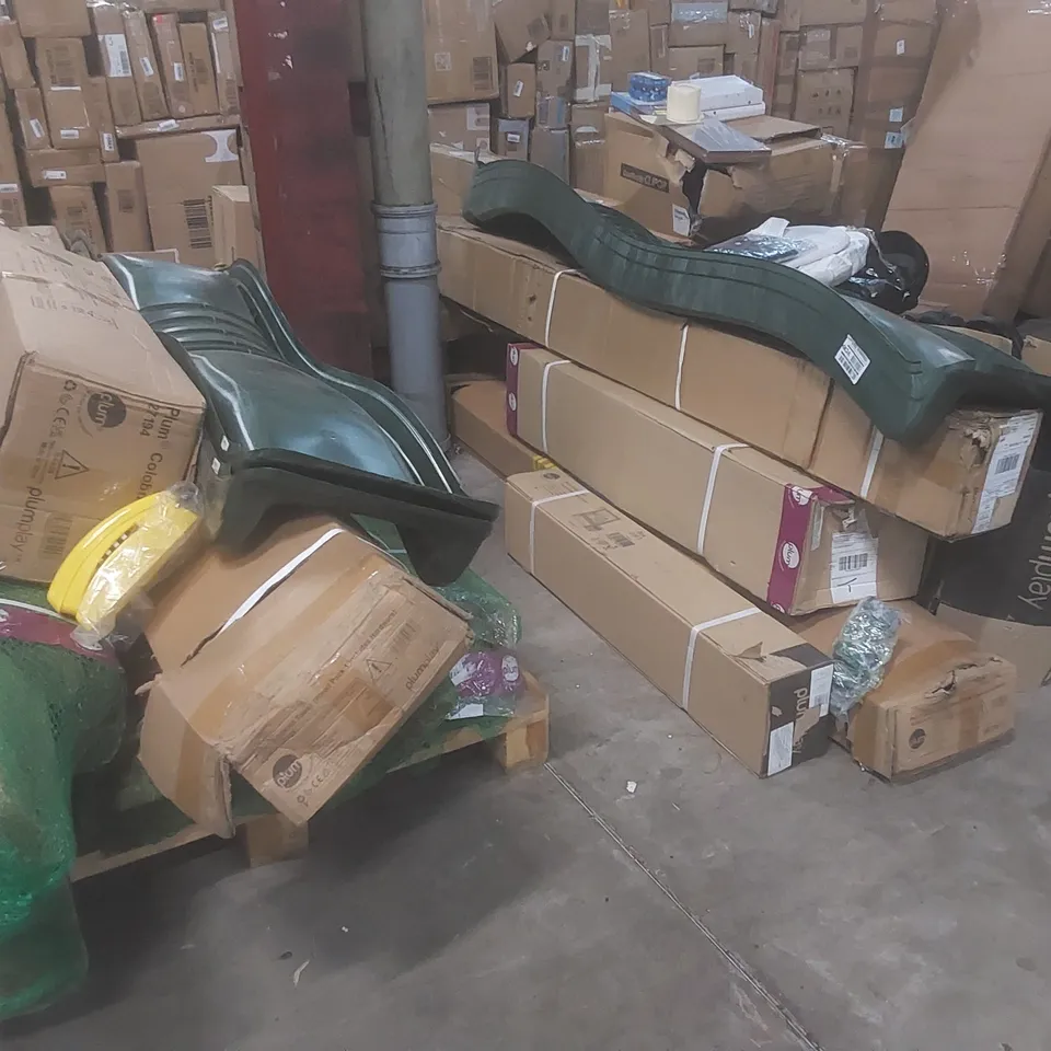 PALLET OF ASSORTED PLUM OUTDOOR PLAY ACTIVITY PARTS AND PIECES