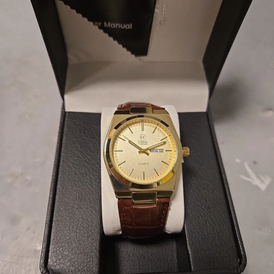 BOXED ERNEST FERDINAND MENS GOLD DIAL BROWN LEATHER STRAP WATCH