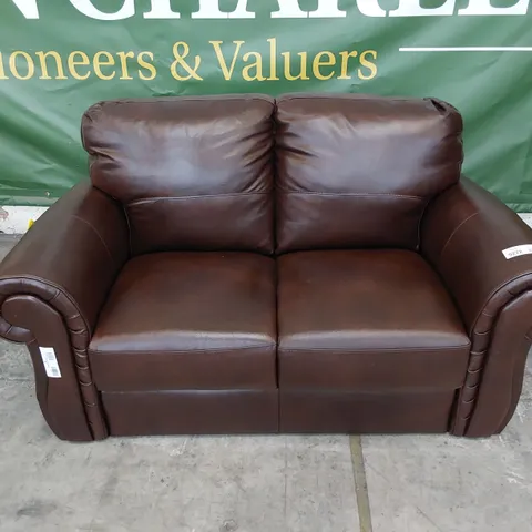 DESIGNER TWO SEATER SCROLL ARM SOFA CHESTNUT LEATHER