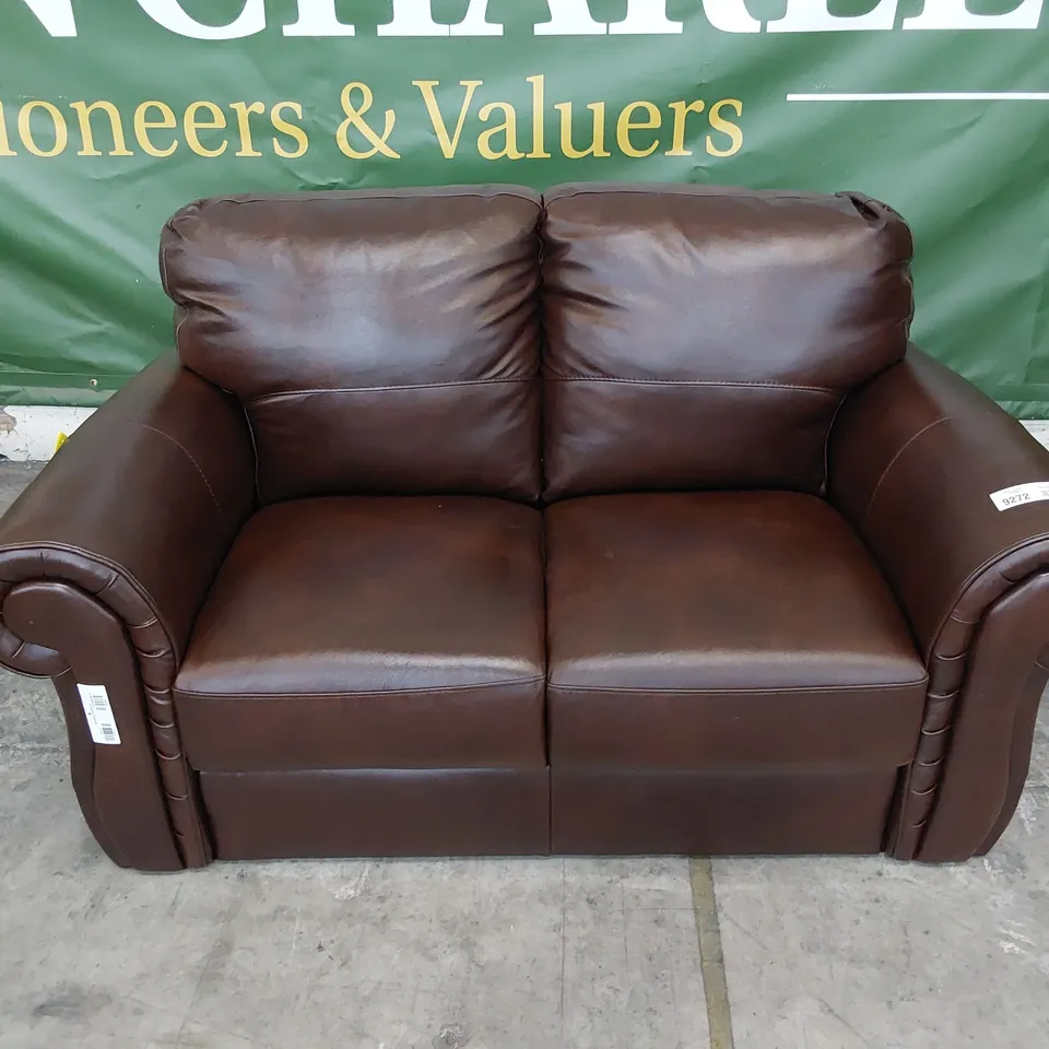 DESIGNER TWO SEATER SCROLL ARM SOFA CHESTNUT LEATHER 