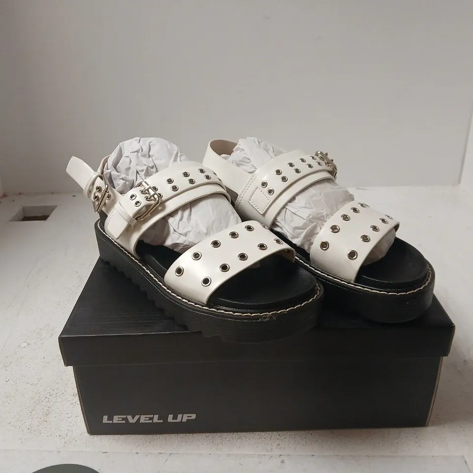 LEVEL UP WHITE PLATFORM SANDALS WITH STUDDED STRAPS UK 3