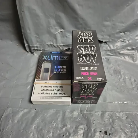 APPROXIMATELY 12 ASSORTED E-CIGARETTE PRODUCTS TO INCLUDE SAD BOY E-LIQUID & XLIM PRO POD 