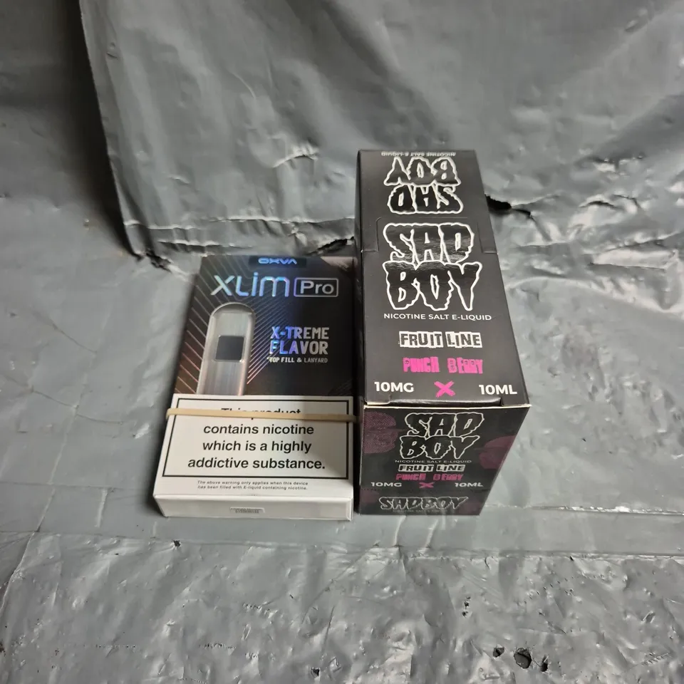 APPROXIMATELY 12 ASSORTED E-CIGARETTE PRODUCTS TO INCLUDE SAD BOY E-LIQUID & XLIM PRO POD 