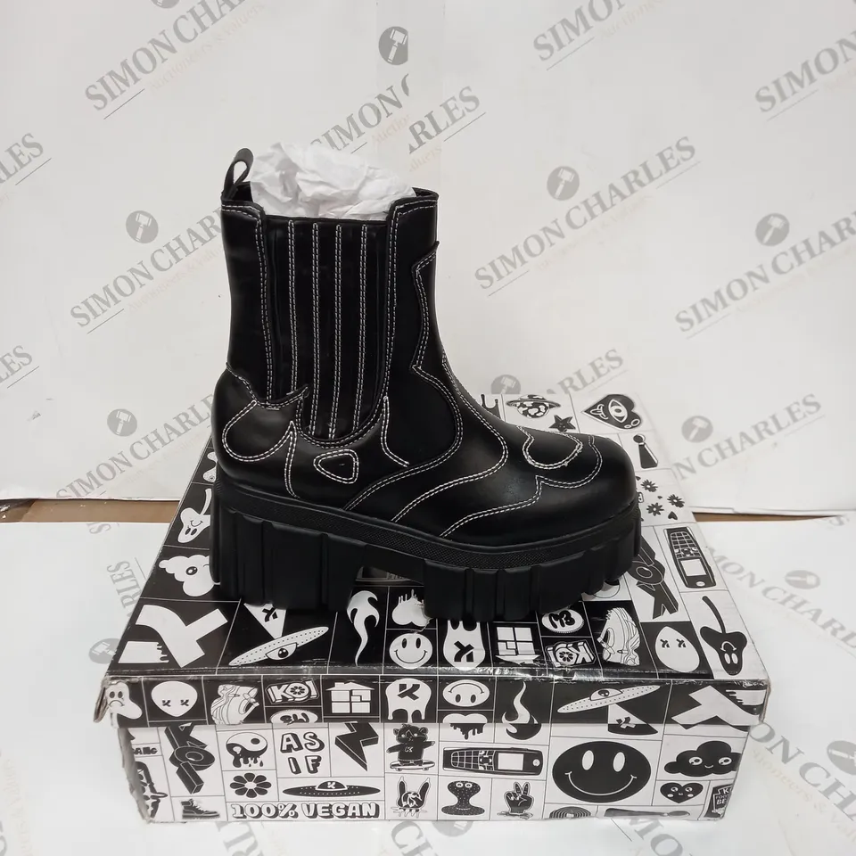 BOXED PAIR OF KOI RIVIERA VEGAN CHUNKY WESTERN BOOTS - BLACK, SIZE 3 