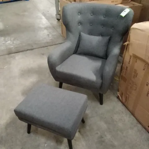 DESIGNER WINGED FABRIC ARMCHAIR WITH FOOTSTOOL 