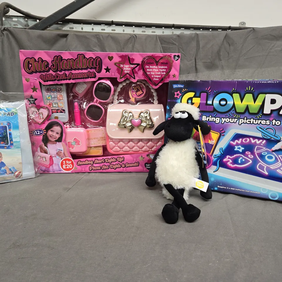 BOX OF APPROX 25 ASSORTED TOYS TO INCLUDE - SHAUN THE SHEEP , GLOWPAD , CHIC HANDBAG ETC